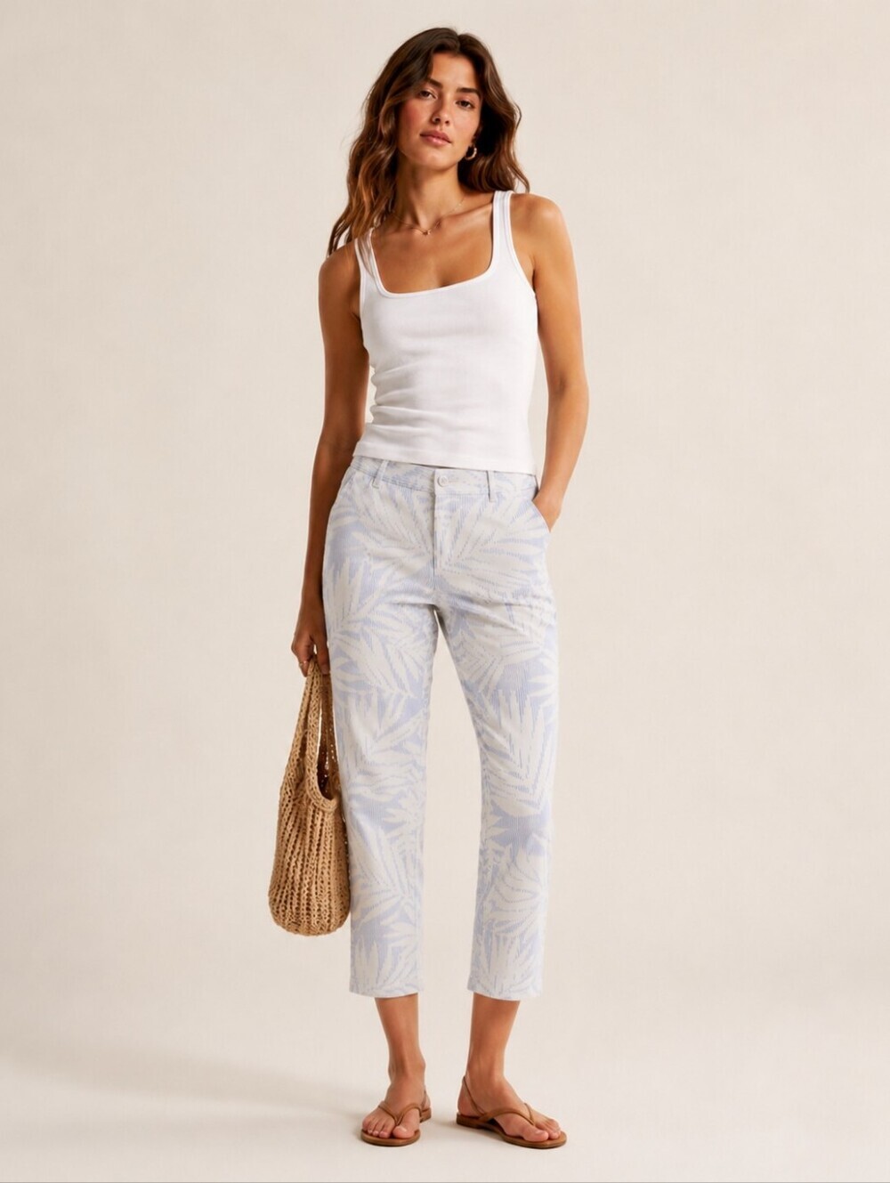 Tommy Hilfiger Crinkle Cotton Slim Chino Blue and White Palm Leaf Pants